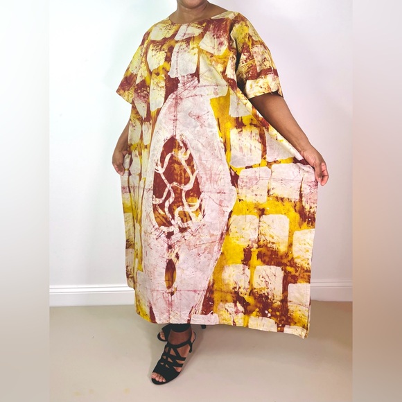 African Print Ankara Yellow Multicolor Cotton Tie Dye Midi Kaftan Dress - Picture 5 of 9